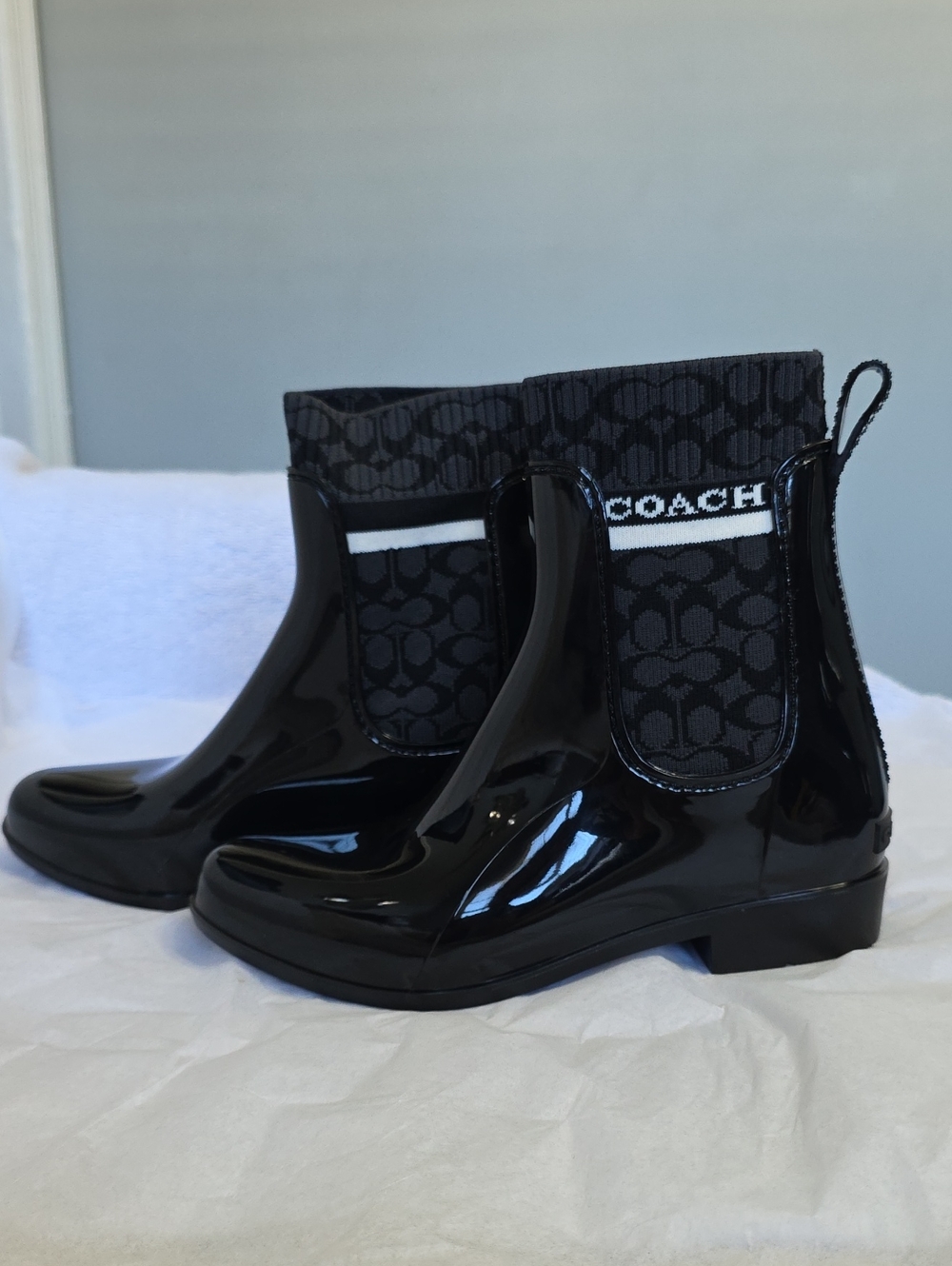 Coach Black Patent Leather Chelsea Rain Booties with Signature Cuff